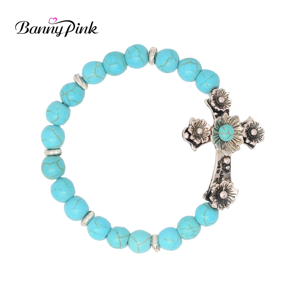 Banny Pink Religious Bracelet For Women & Men Vintage Synthetic Stone Strand Bracelet Ethnic Cross Charm Beads Bracelet Pulseras