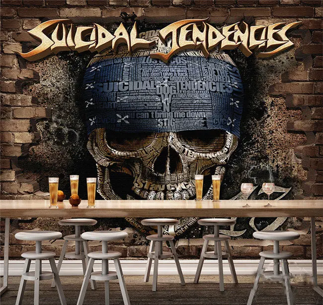 Large 3d Retro Nostalgic Personality Stereo Brick Wall Skull Head Rock Wallpaper KTV Bar Wallpaper Seamless Mural