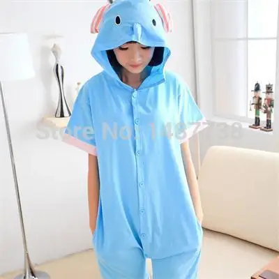 Adult Blue Elephant Pajamas Anime Animal Onesie Hoodie Costume Cosplay 100% Cotton Short Sleeve For Unisex