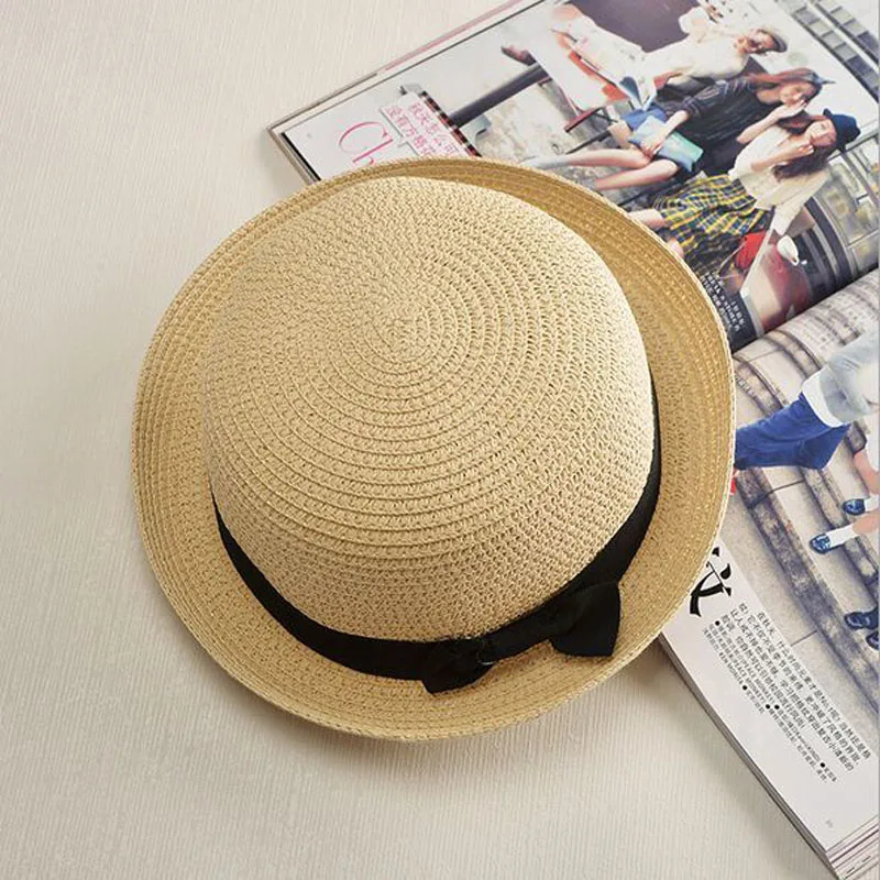 2017 new Lady Boater sun caps Ribbon Round Flat Top Straw Fedora Panama Hat summerhats for women straw hat snapback gorras