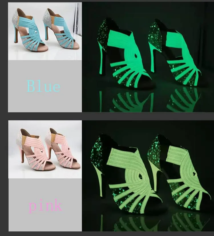 Latin dance shoes women\'s wide with blue pink green fluorescent PU flash cloth salsa dance performance ballroom dance shoes
