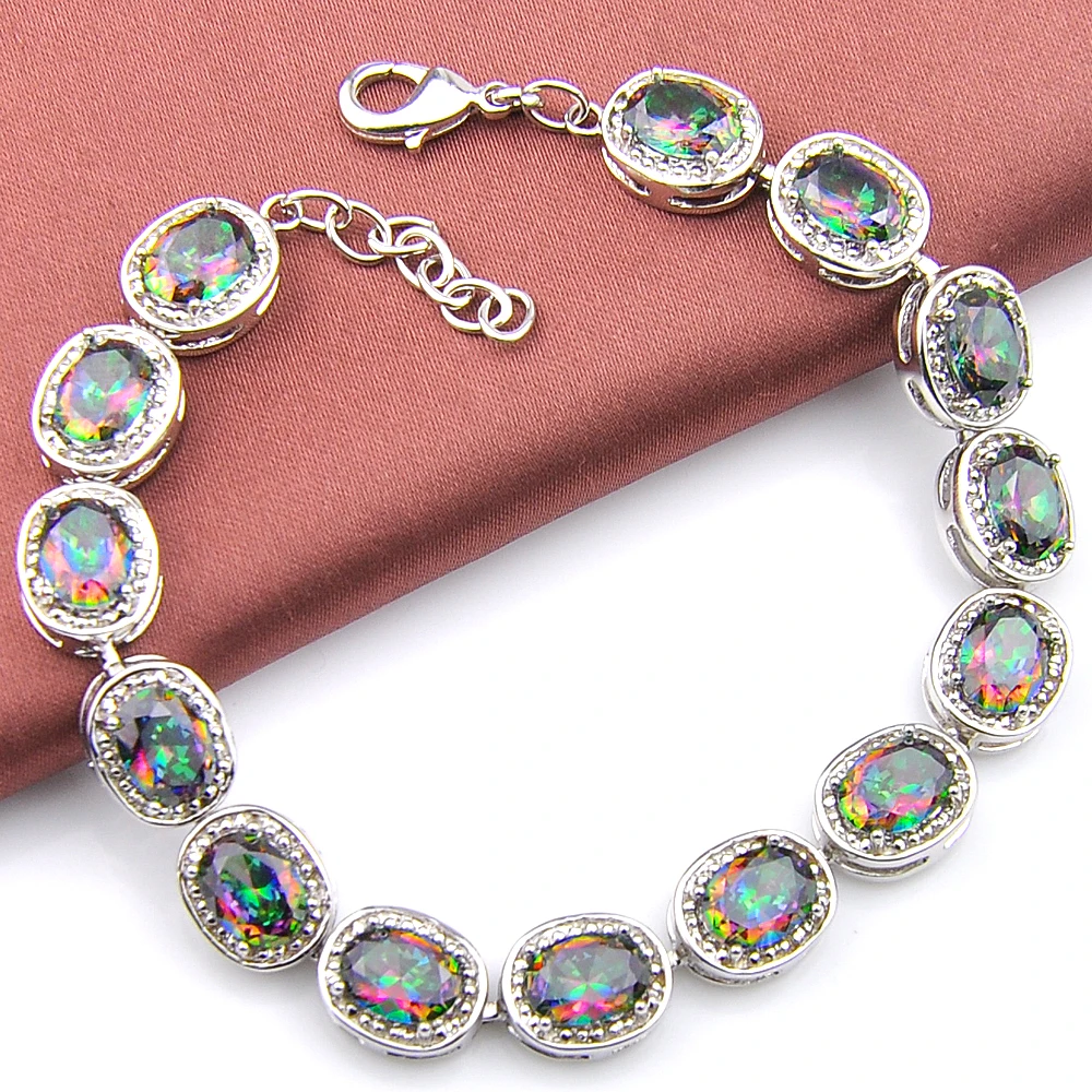 Bright Fire Oval Rainbow Mystic Crystal Zirconia Silver Chain Bracelets for Russia USA Ukraine Weddding Party Gifts