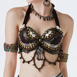 Tribal Belly Dance Push Up Beaded Bra B-C-D Cup Vintage Gypsy Bra Bronze Coins Swags ATS Tops