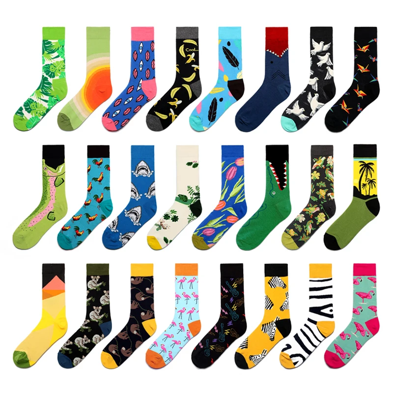 Combed Cotton Men Socks Harajuku Colorful Happy Cartoon Funny Zebra Flamingo Long Warm Dress Socks Male Wedding Christmas Gift