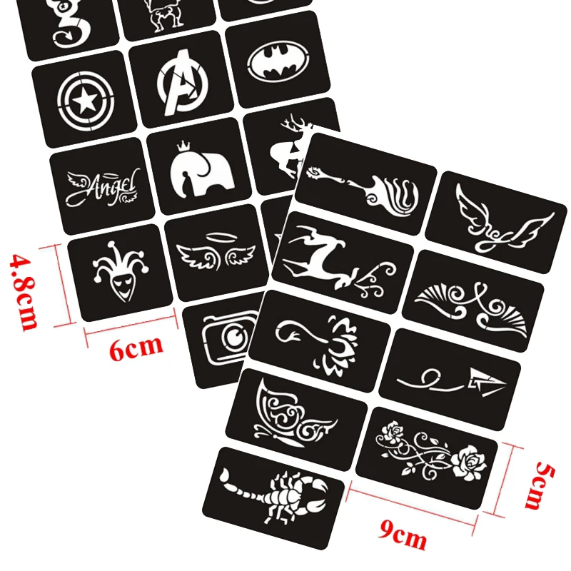 70pcs/5 Sheets Small Glitter Henna Tattoo Stencil for Woman Girl Kids Flower Butterfly Cartoon Airbrush Tattoo Drawing Template