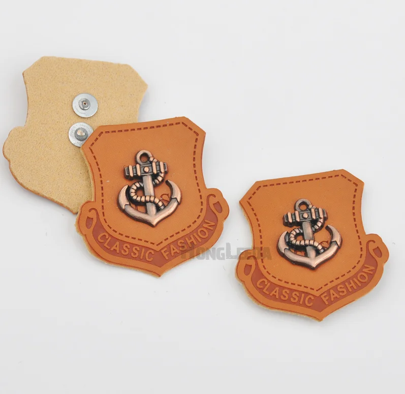 30pcs Patches for Clothing, Brown PU Leather Badges with Antique Copper Brush Metal Plates, 3.5cm,PLB-024,