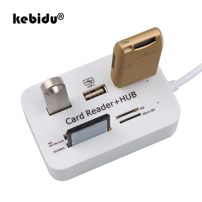 Kebidu-lector de tarjetas 2 en 1 multifunción, HUB USB 2,0, 3 puertos, compatible con Micro TF, SD, M2, MS, SDHC, MMC, lectura y escritura