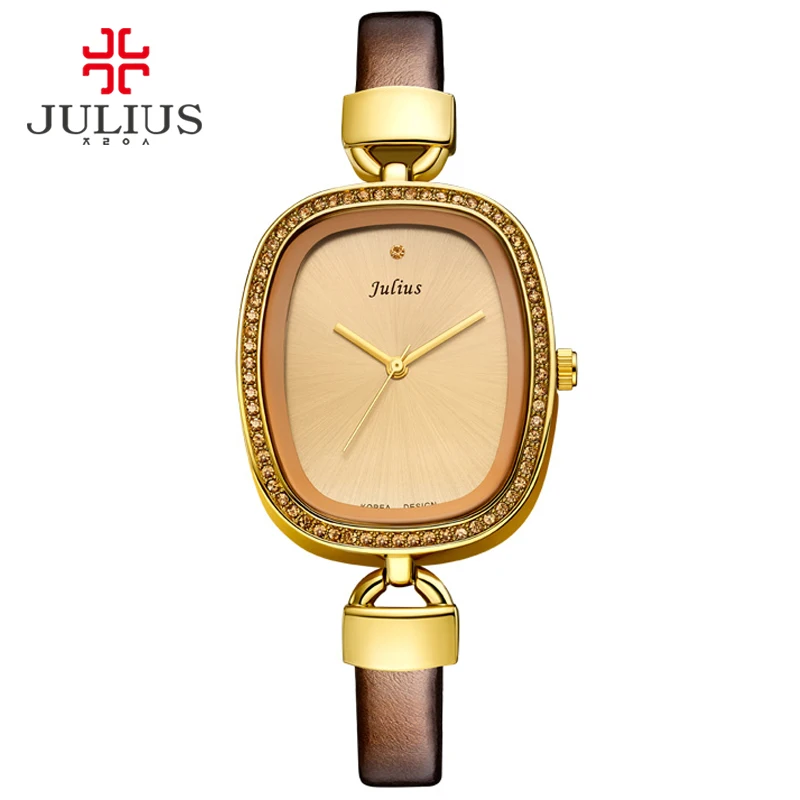 2017 Julius Watch Golden Genuine Leather Quartz Movement Waterproof Retro Trendy Fashion Luxury Crystal Top Brand Whatch JA-298