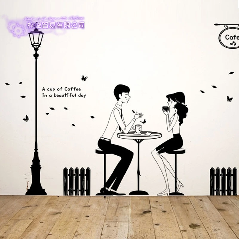 Coffee Sticker Boy Girl Love Decal Cafe Poster Vinyl Art Wall Decals Pegatina Quadro Parede Decor Mural Coffee Sticker