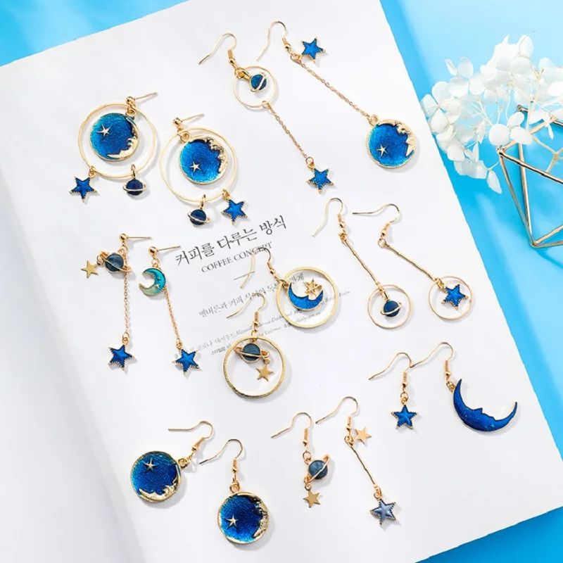 Nueva moda azul espacio universo Luna estrella pendientes para mujer Color oro universo planeta círculo asimetría pendientes largos