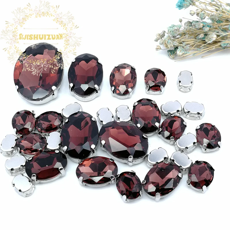 5 SIZES 30PCS  Wine red oval shape Glass Crystal sew on rhinestones with calw Diy wedding decoration
