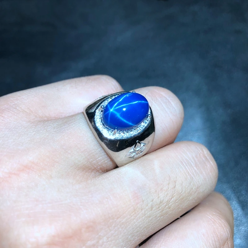 classic shiny blue Star Sapphire ring for men silver ring  mascular strong power men ring  fine jewelry 925 sterling silver gift
