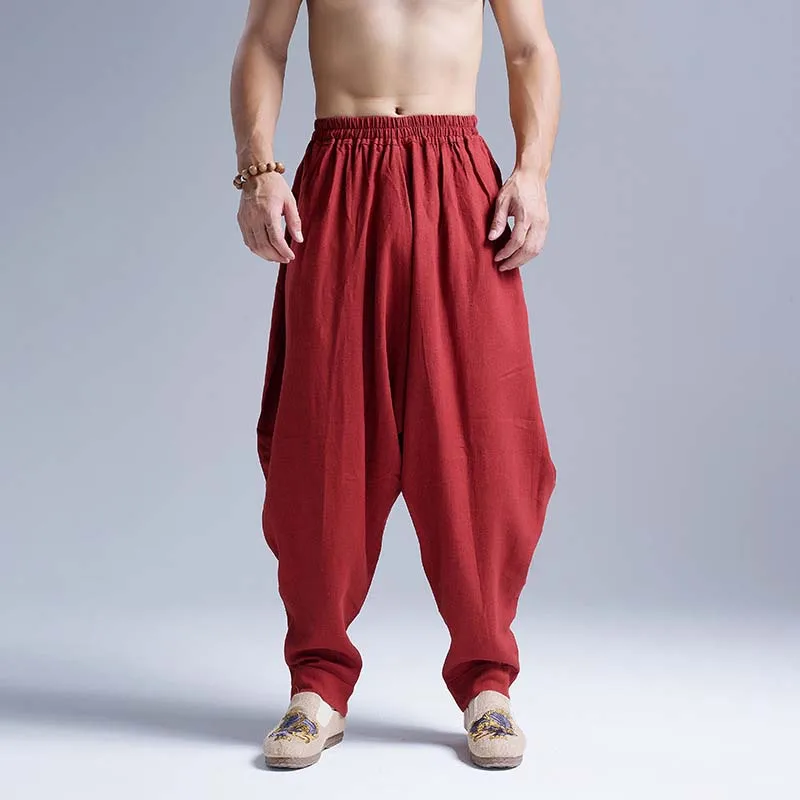 

Men Casual Pants Linen Cotton Trousers Hip Hop Harem Pants Loose Baggy Chinese Style Elastic Waist Tappered Joggers Wide Leg