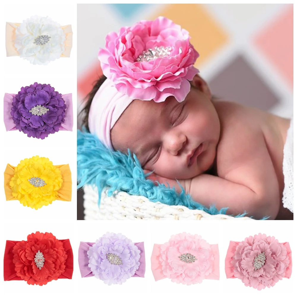 Nishine Newborn Toddler Baby Girls Headwraps Peony Flower with Rhinestone Knot Nylon Turban Headband Hair Accessories