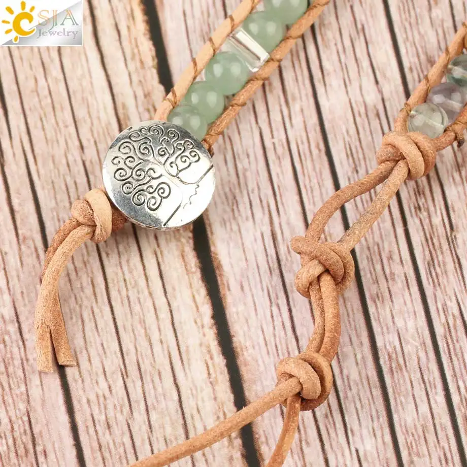 CSJA Natural Stone Bracelets Green Fluorite Crystal Aventurine Bead Leather Wrap Bracelet Multilayer Boho Jewelry Pulseira G118