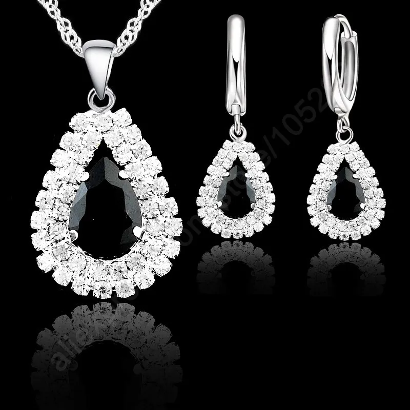 Jewelry Sets Black 925 Sterling Silver Austrian Crystal Necklace Hoop Earring Set Women Wedding Gifts Necklace Lever Back