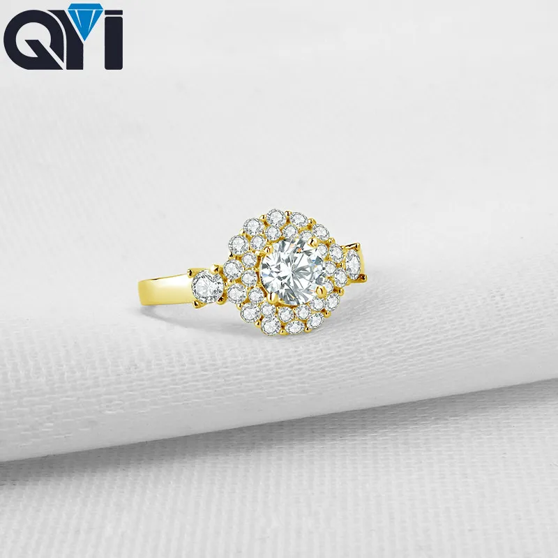 QYI Women Double Halo Engagement Ring Round Cut Moissanite Diamond Wedding Jewelry 14K Solid Yellow Gold Rings