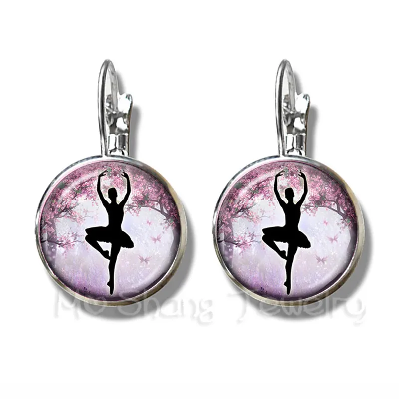 Ballerina Silhouette 16mm Glass Dome Earrings Dancing Ballerina Silver Plated Stud Earrings For Women Beatiful Jewelry Gift