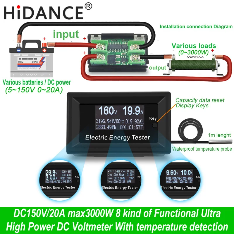 DC 150V/20A 3KW woltomierz cyfrowy amperomierz napięcie zasilania mierniki detektor wattmeter volt aktualny tester pojemności wskaźnik