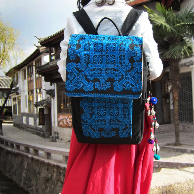 New brand embroidered bags for women Vintage Canvas backpacks Ethnic handmade cover travel backpacks Blue bags Work Backpack