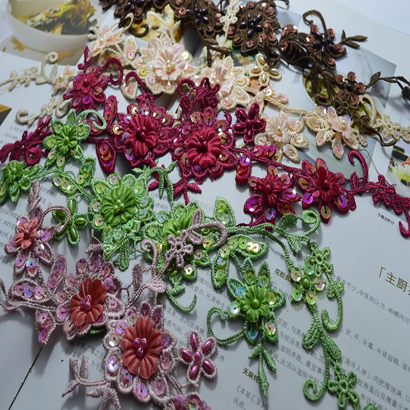 1Piece 36*11Cm Brown Red Green Pink Yellow Wedding Dress Decorated Sequin Organza  Flower Applique Sew On Lace Patches Dress