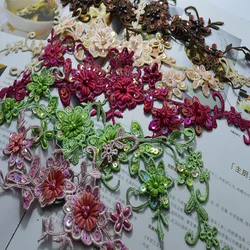 1Piece 36*11Cm Brown Red Green Pink Yellow Wedding Dress Decorated Sequin Organza Flower Applique Sew On Lace Patches Dress