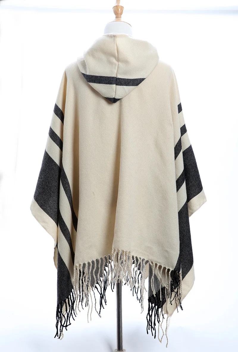 

Jinjin.QC Women Striped Ponchos and Capes With Hat Fashion Kimono Echarpe Foulard Femme Pashmina Drop Shipping