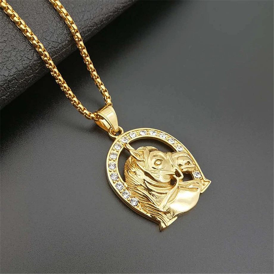 Jockey Club Horse Head Pendants Necklaces For Women/Men Gold Color Stainless Steel Horseshoe Iced Out Bling Hip Hop Jewelry