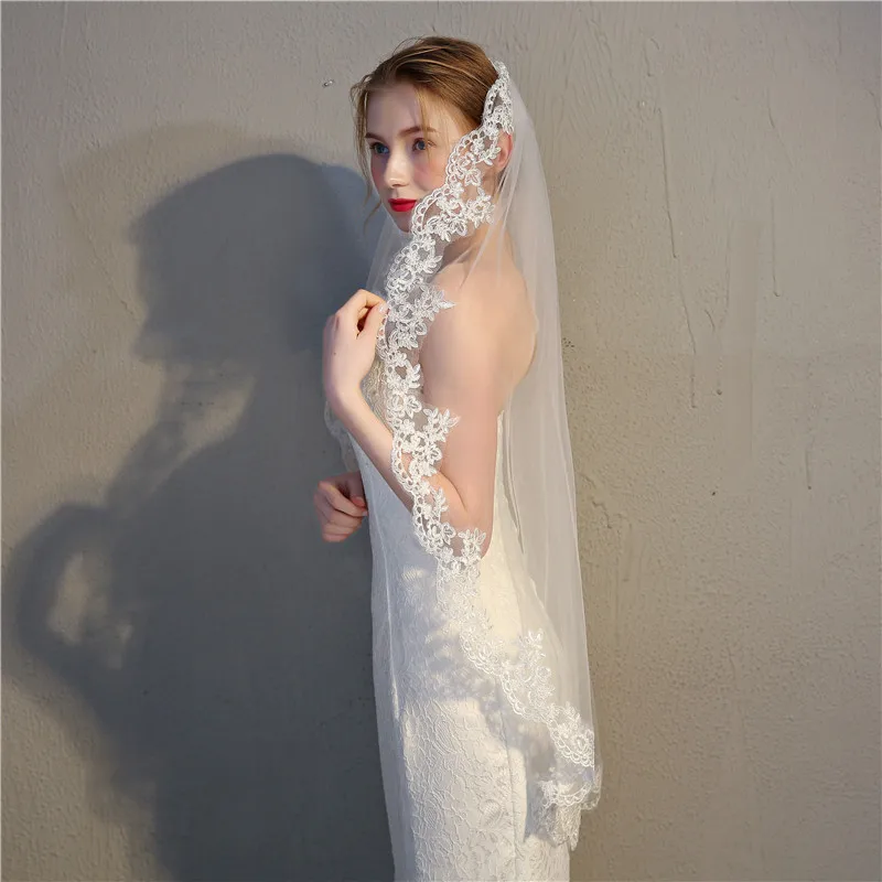 JaneVini Vintage Ivory/White Wedding Veil กับหวี One Layer Tulle ผู้หญิงสั้นเจ้าสาว Veil Lace Applique Edge เจ้าสาวอุปกรณ์เสริม