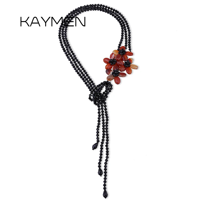 

KAYMEN New Fashion Handmade Agate Stone Flower Long Chain Necklace for Women Costume Jewelry Statement Pendant Drop-shipping