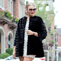 2020 Hot Selling Models In Autumn and Winter Mink Coat Women's Natural Striped Black Leather Coat Fur Coat 70 cm Ms.