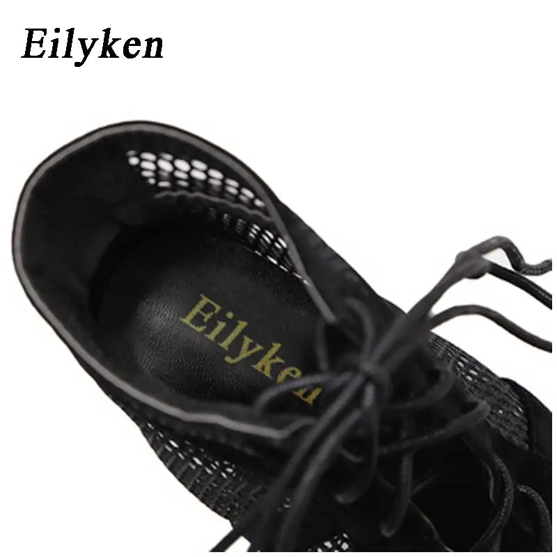 Eilyken Fashion Black Summer Sandals Lace Up Cross-tied Peep Toe High Heel Ankle Strap Net Surface Hollow Out Shoes