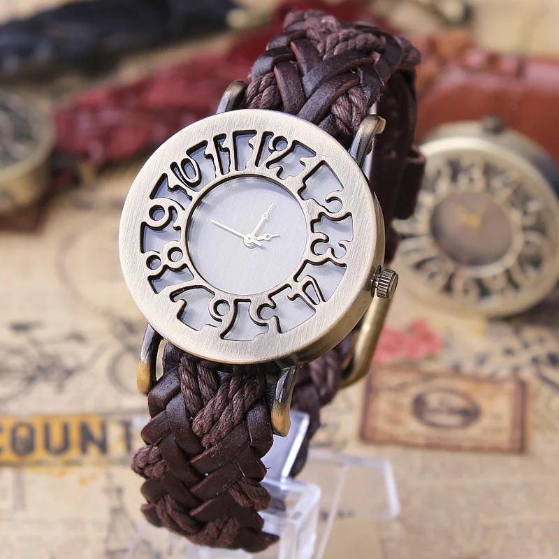 Shsby New Roma Style Vintage Digital Hollow Out  Genuine Cow Hand-Woven Leather Strap Watches Women Dress Watches