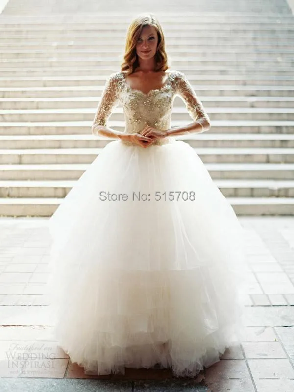 Vestido de novia elegante con cuello de encaje, manga larga hasta el suelo, tul blanco, hecho a medida