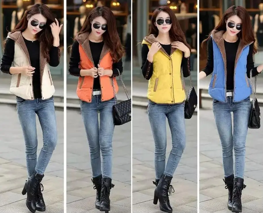 Hot Sale Lovers Brand New Slim Men and Women Vest  Autumn Winter Hooded Cotton Padded Vests 4 Colors beige yellow  5 Size M-3XL