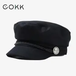 Cokk 冬の帽子冬の帽子のウールの帽子女性のボタン野球帽サンバイザー帽子 gorras キャスケット黒秋 boina 骨