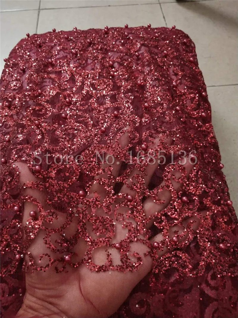 5yards shining glued print glitter H-91406 sparkle net tulle mesh lace in dark red color with beads