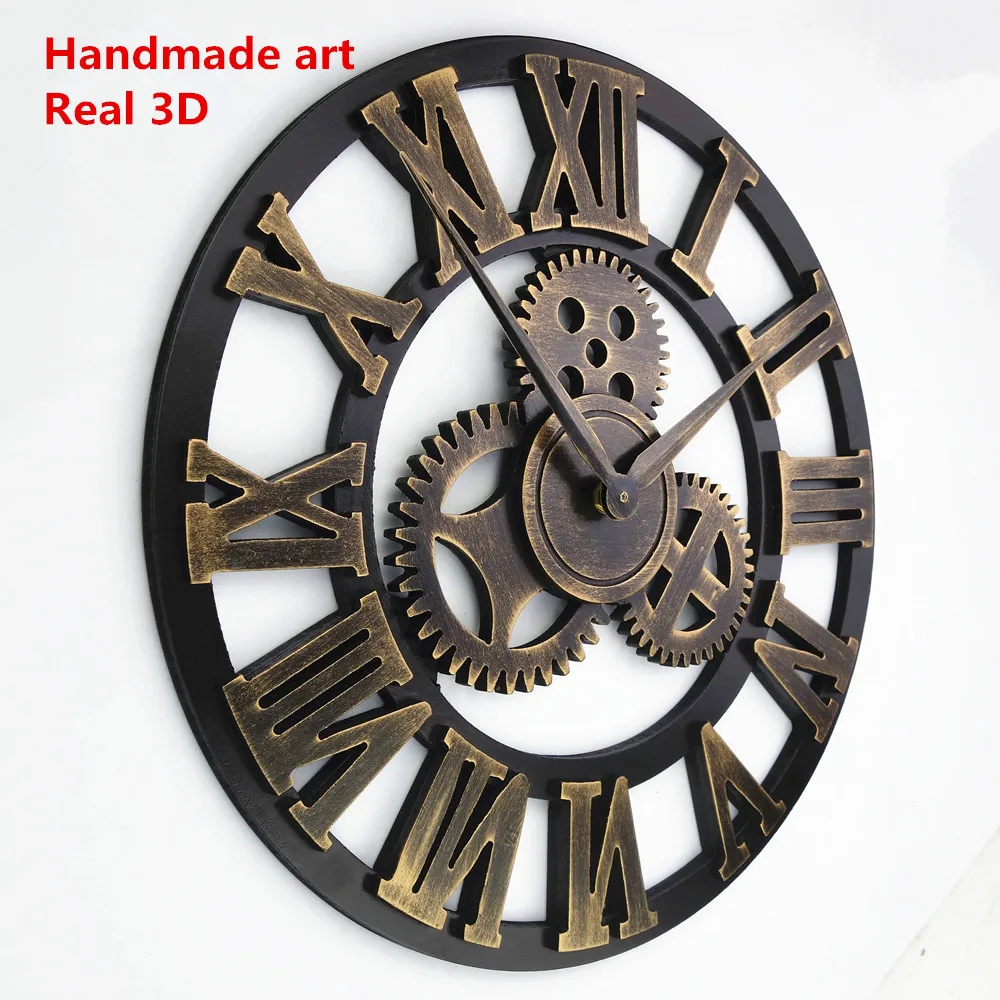 Handmade Oversized 3D Retro Rustic Decorative Luxury Art Big Gear Wooden Vintage Large Wall Clock
