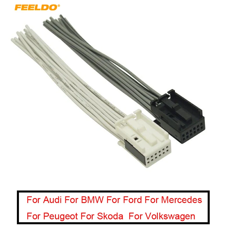 FEELDO 1Pair Car Radio AUX Wire Harness Adapter White/Black Full 12-Pin Connector For Ford/BMW/VW/Peugeot/Opel Radio Stereo