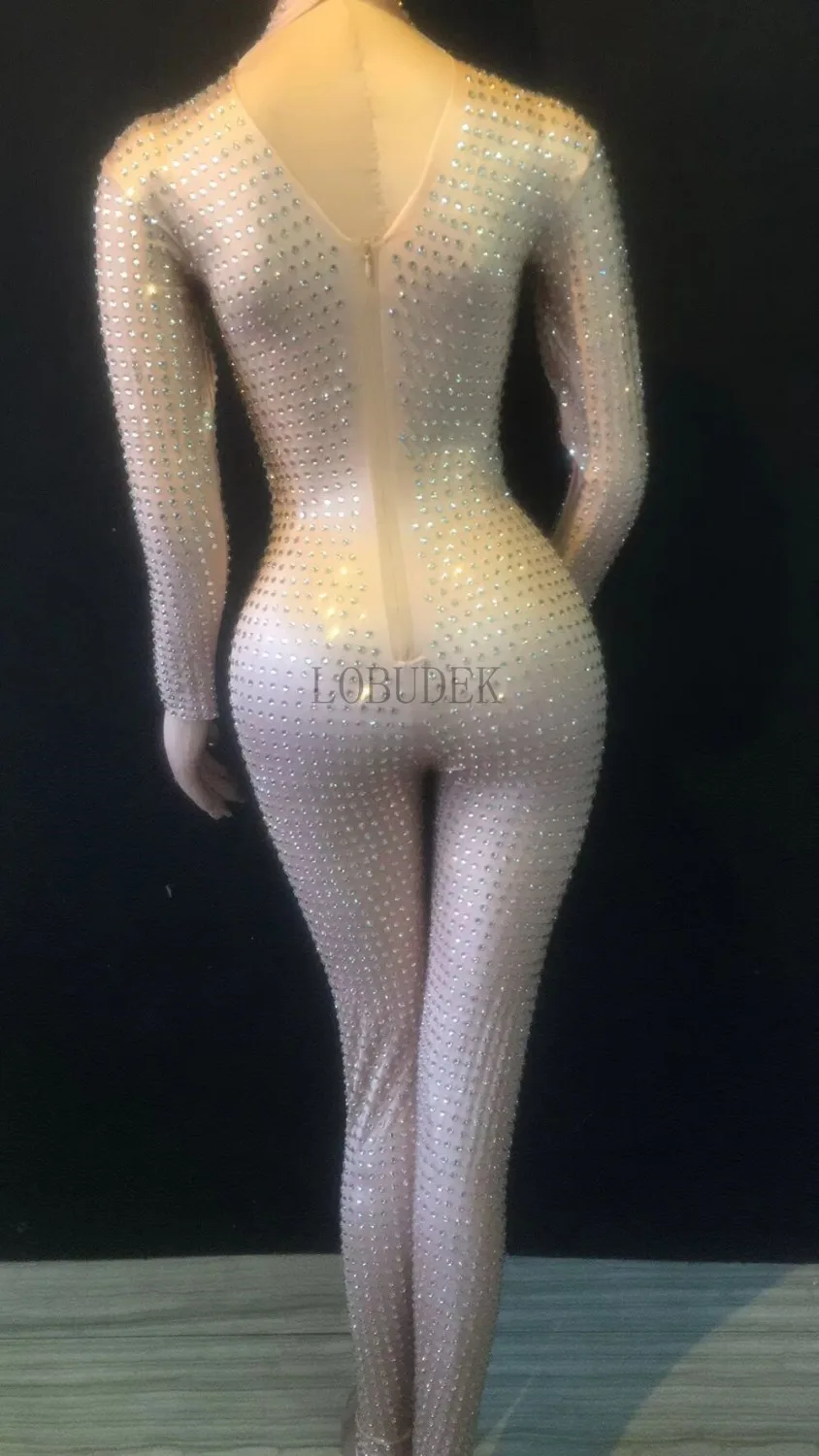 Seksowny kolor skóry kombinezon trykotowy Bling Rhinestone rozciągliwe kombinezony damskie luksusowe kostiumy Party piosenkarka gospodarz etap DS kostium