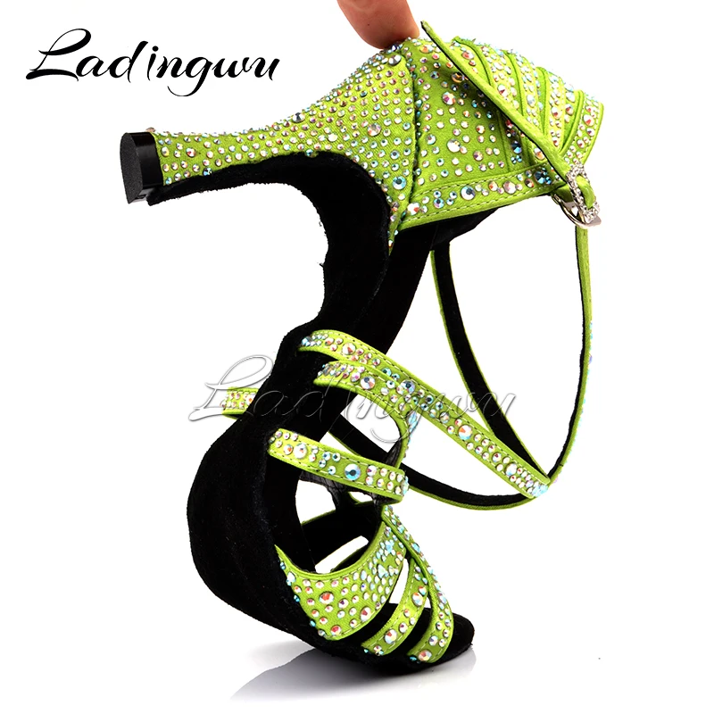 Ladingwu Light Green Satin Latin Dance Shoes Women Profession Salsa Dance Shoes Women Ballroom Dance Sandals Rhinestone Shoes