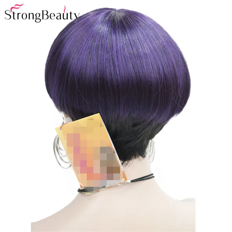 StrongBeauty Short Wigs Women Synthetic Brown/Purple Hair Mushroom Haircut Fiber Capless Wig