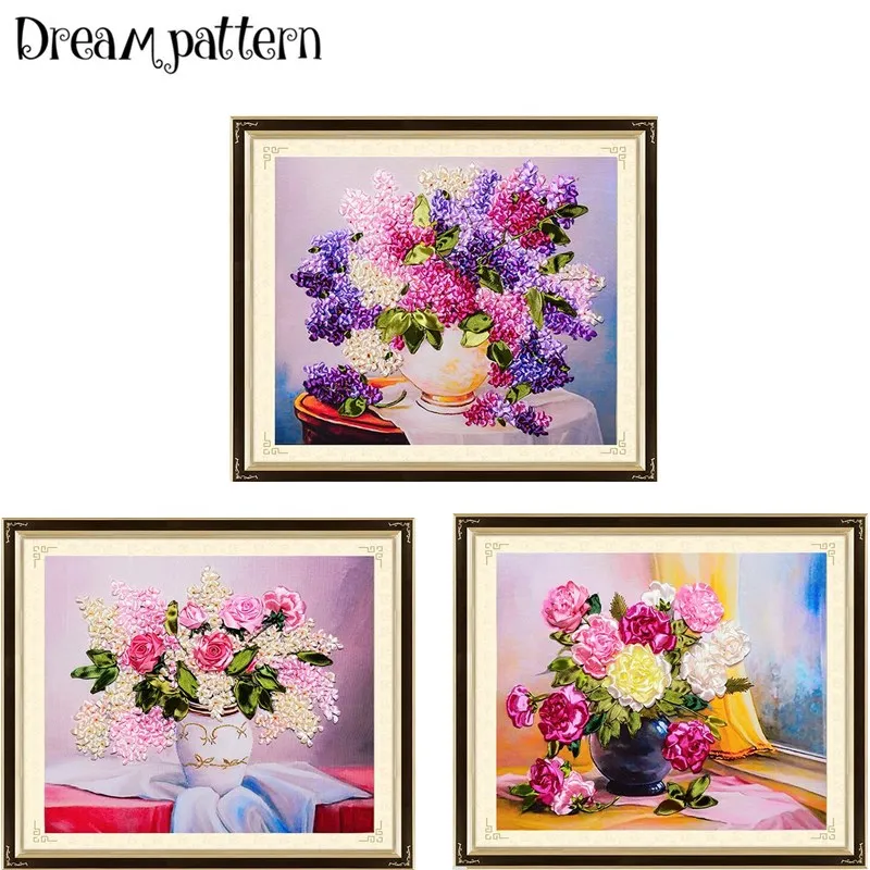 45x50cm 3D flower vase Ribbon embroidery painting set floral kits handcraft cross-stitch DIY handmade needlework wall art decor