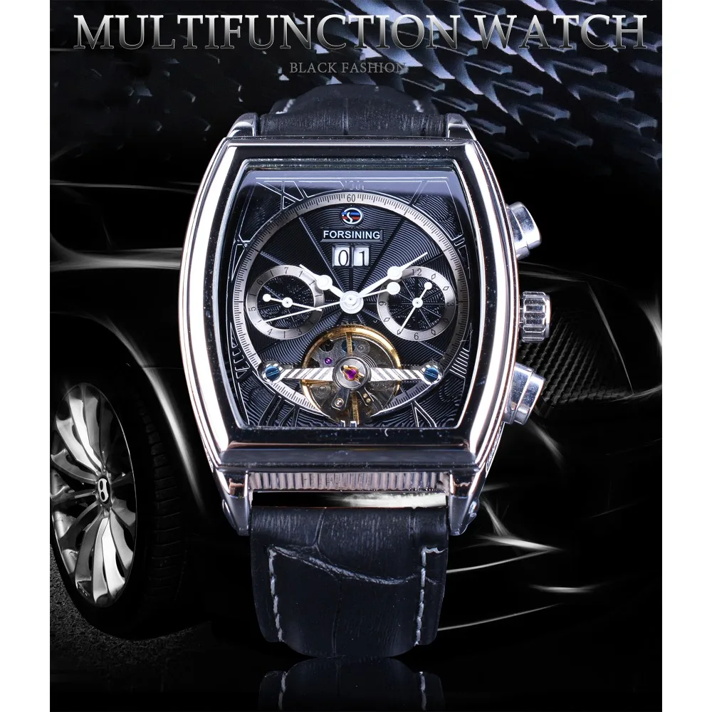 Forsining multifuncional retro série retângulo dial cinto genuíno tourbillion design masculino relógios automáticos marca superior relógio de luxo