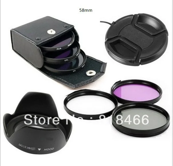 Filtre d'objectif UV + CPL + FLD 58mm, capuchon d'objectif + capuchon d'objectif, pour appareil photo canon, nikon, pentax, sony