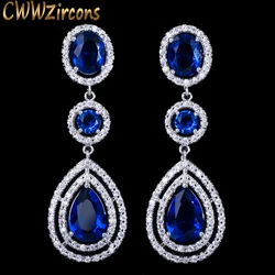 CWWZircons American Water Drop Cubic Zirconia Pave Long Dark Blue Bridal Wedding Earings For Brides Jewelry Accessories CZ209