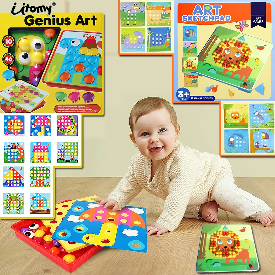 3D Puzzles Button Art,Art sketchpad Mushroom Nails Jigsaw Puzzles Kit Creative Mosaic Pegboard Montessori  Educational Toys