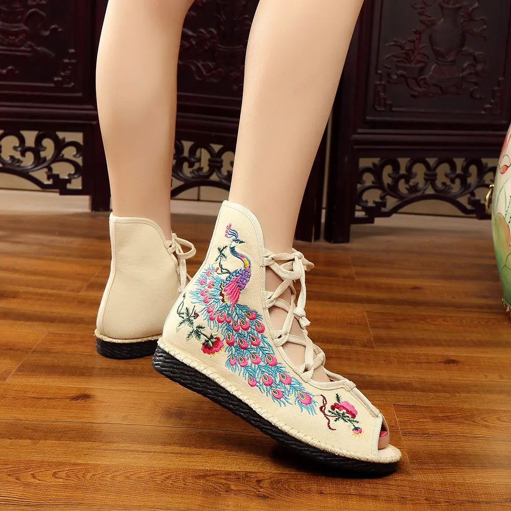 Veowalk Peacock Embroidered Women Peep Toe Gladiator Canvas Sandals Chinese Handmade Lace Up Ladies Summer Fabric Flat Shoes