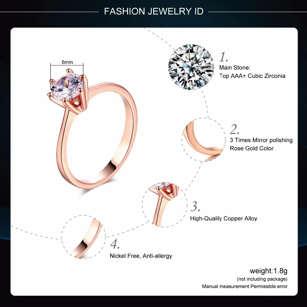 Six Claw 1 Carat Cubic Zirconia Wedding Finger Rings For Women Rose Gold Color Austrian Crystal Brand Jewelry aneis DWR014M