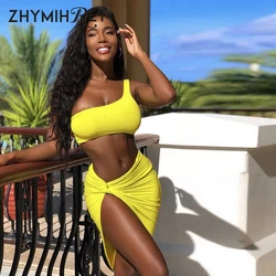 ZHYMIHRET One Shoulder Crop Tops Ruched Two Pieces Set Dress  Women Neon Color Sexy Side Split Vestidos 2023 Summer Beach Dress